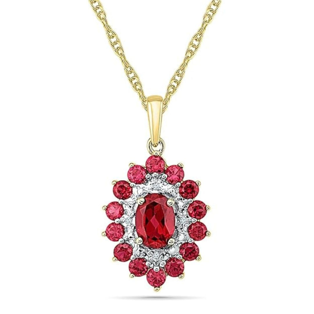 1.50Ct Ruby Diamond Halo Pendant Necklace 18K Yellow Gold