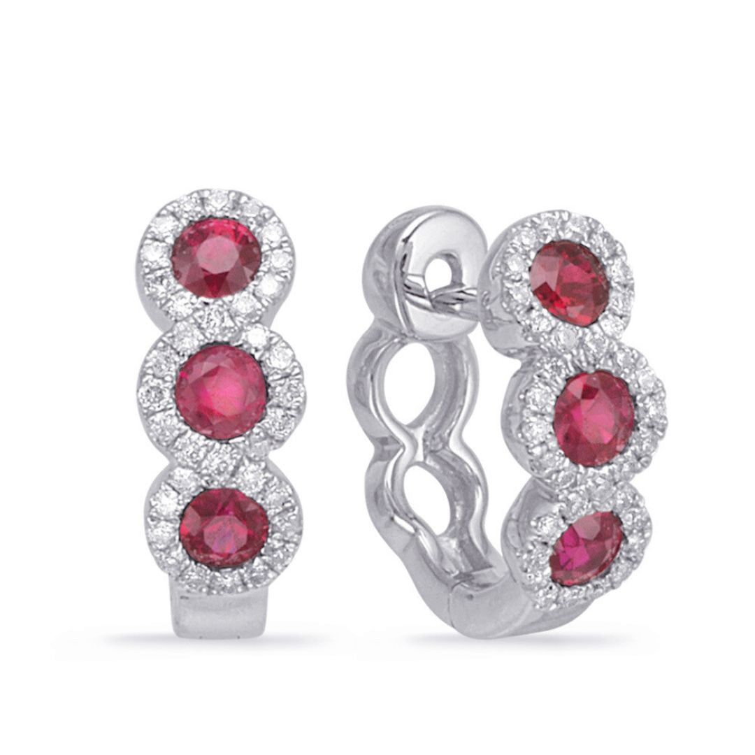 Ruby Diamond Trilogy Earrings In 18K White Gold