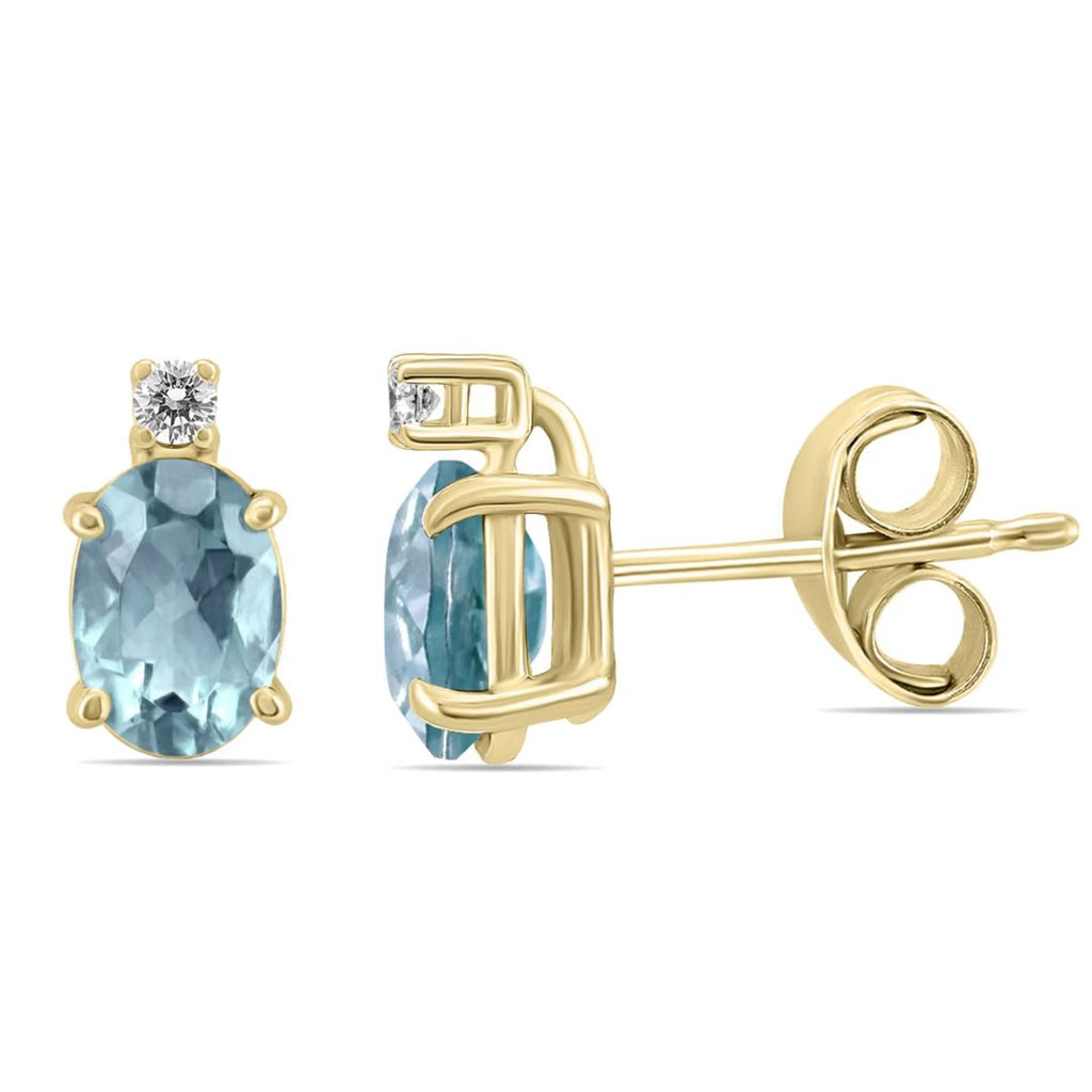 Aquamarine Oval Solitaire & Diamond Stud Earrings 9K Yellow Gold
