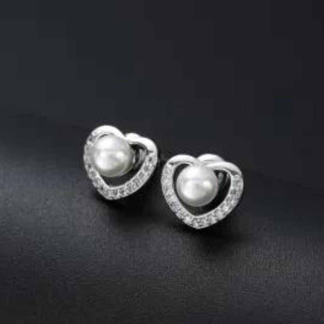 0.12Ct Diamond Pearl Heart Shape Studs Earrings in White Gold
