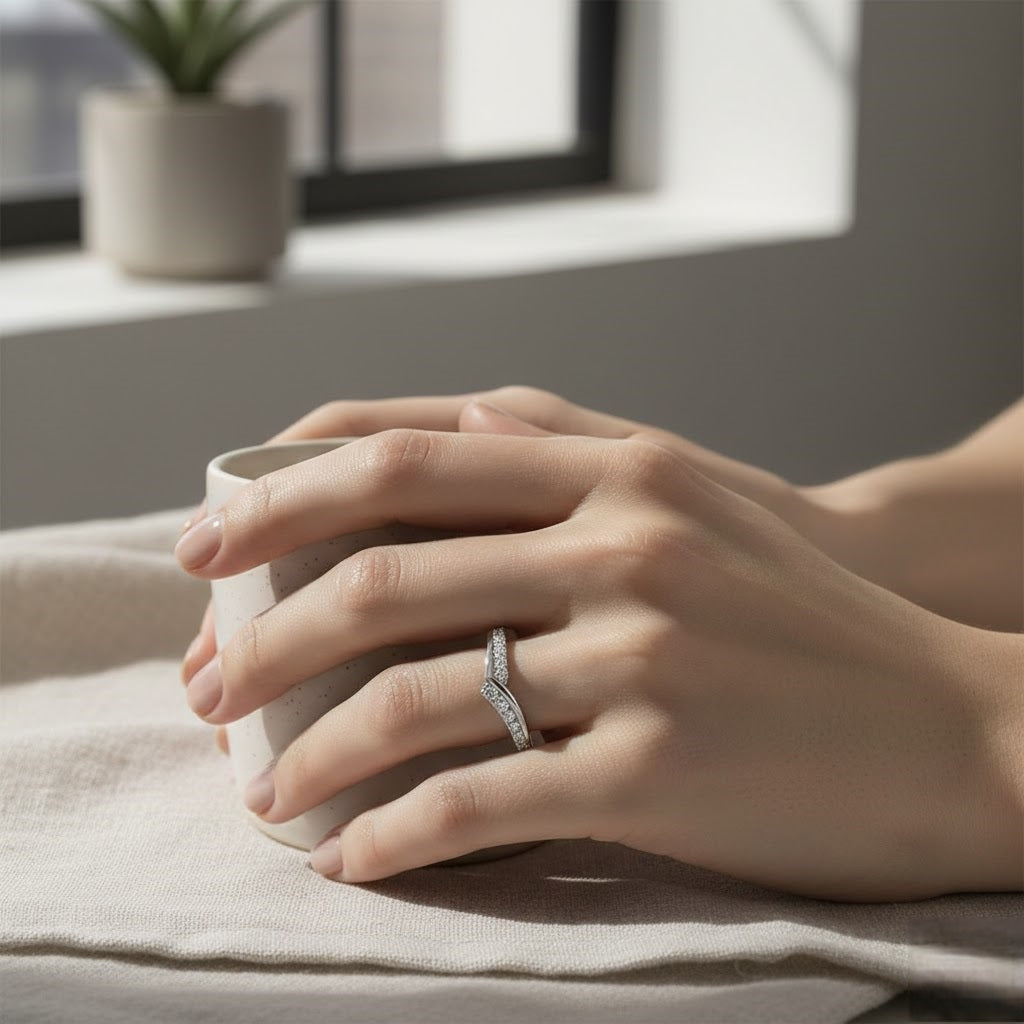 V shape contour wedding band with round diamonds