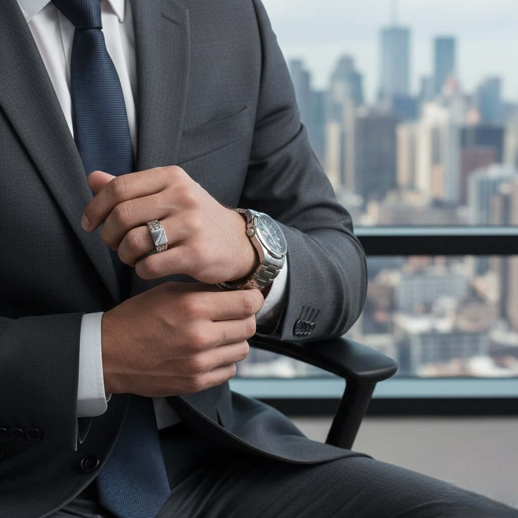 Close-up of rectangular diamond signet ring for men