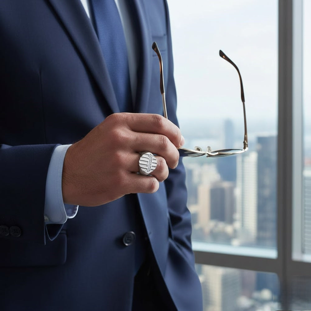 Close-up of men’s vertical channel set diamond ring