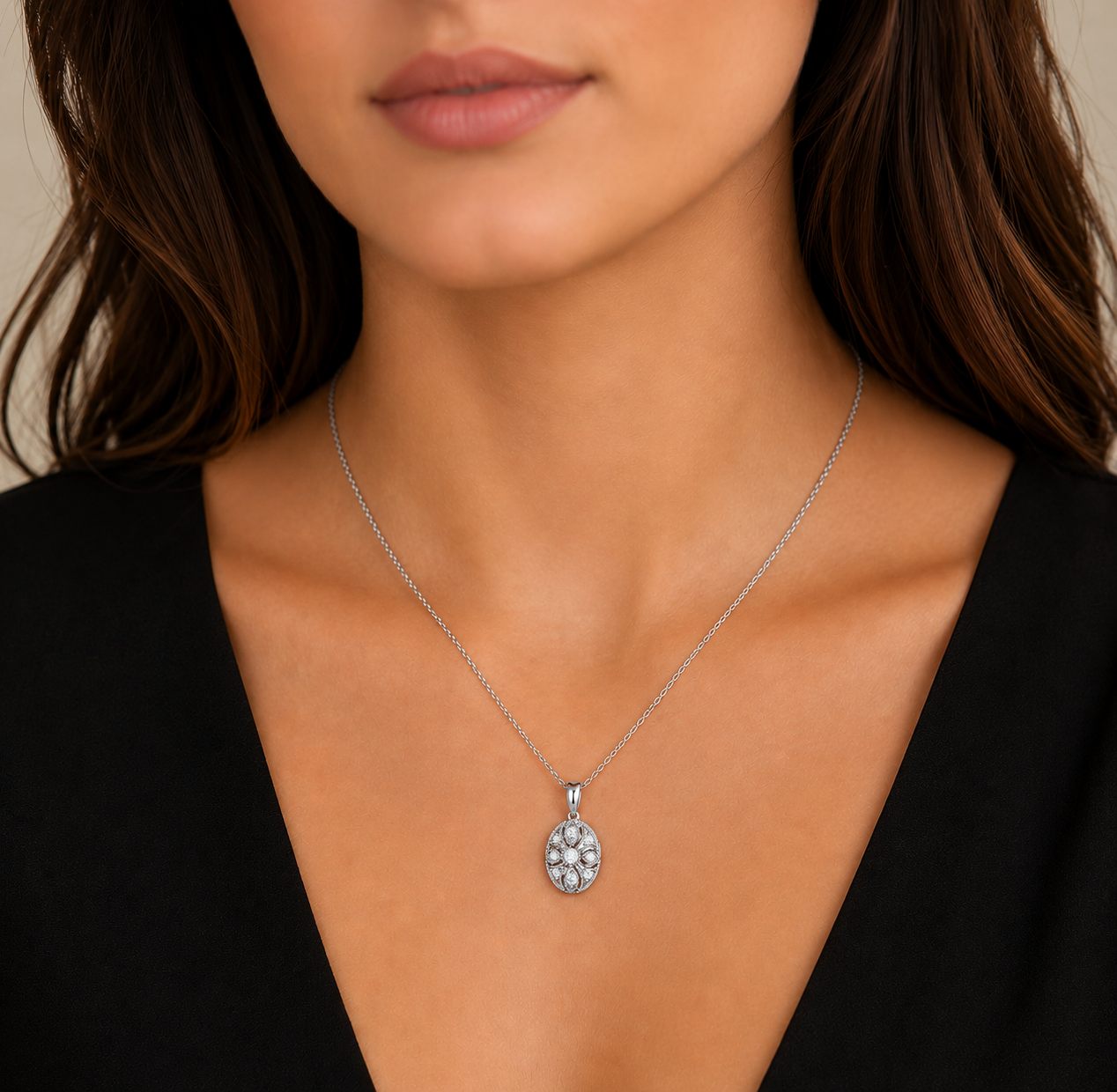 Vintage Round Diamond Oval Pendant With Floral Design Without Chain