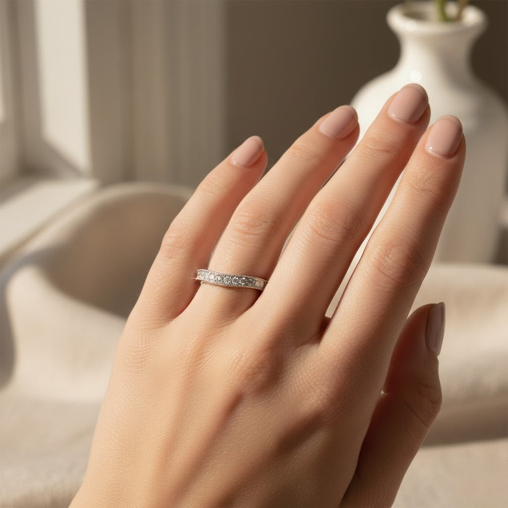 Vintage inspired V shape wedding band with diamonds