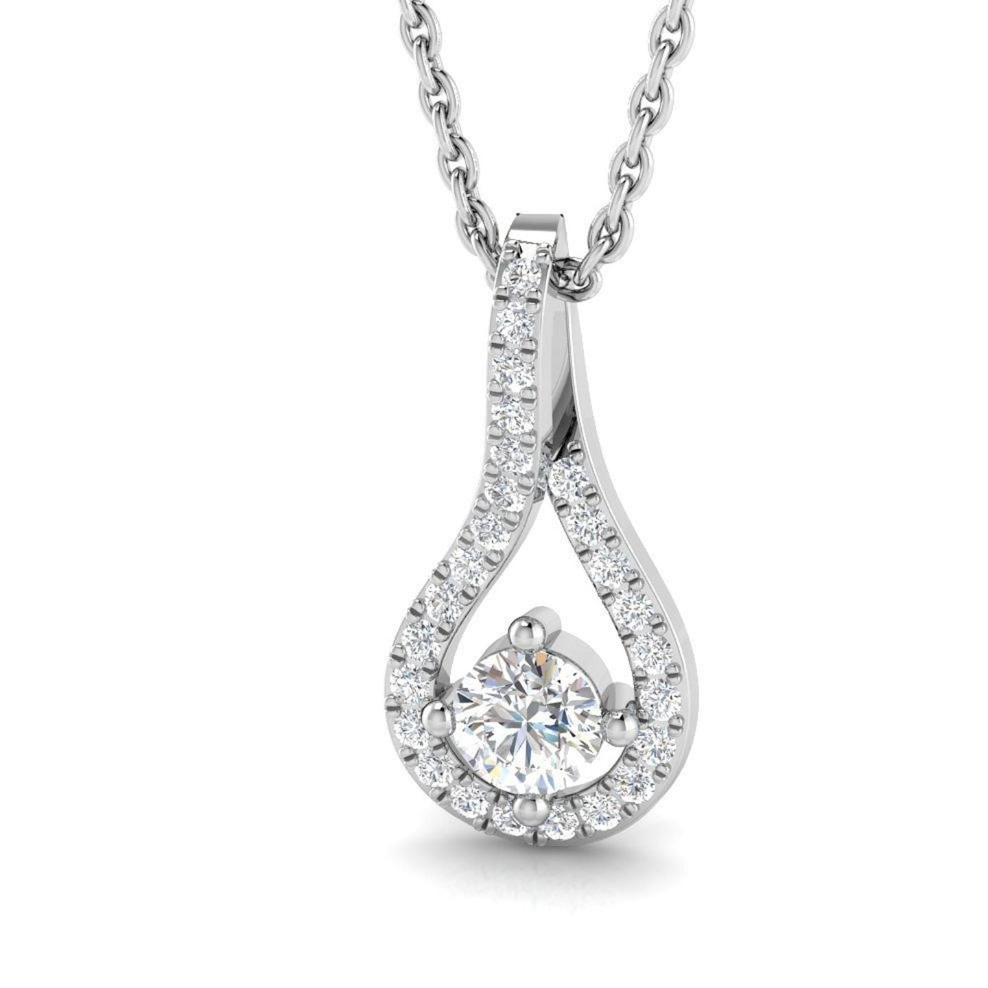 Lab Grown Round Diamond Tear-Drop Halo Pendant in 18K White Gold – UK Hallmarked