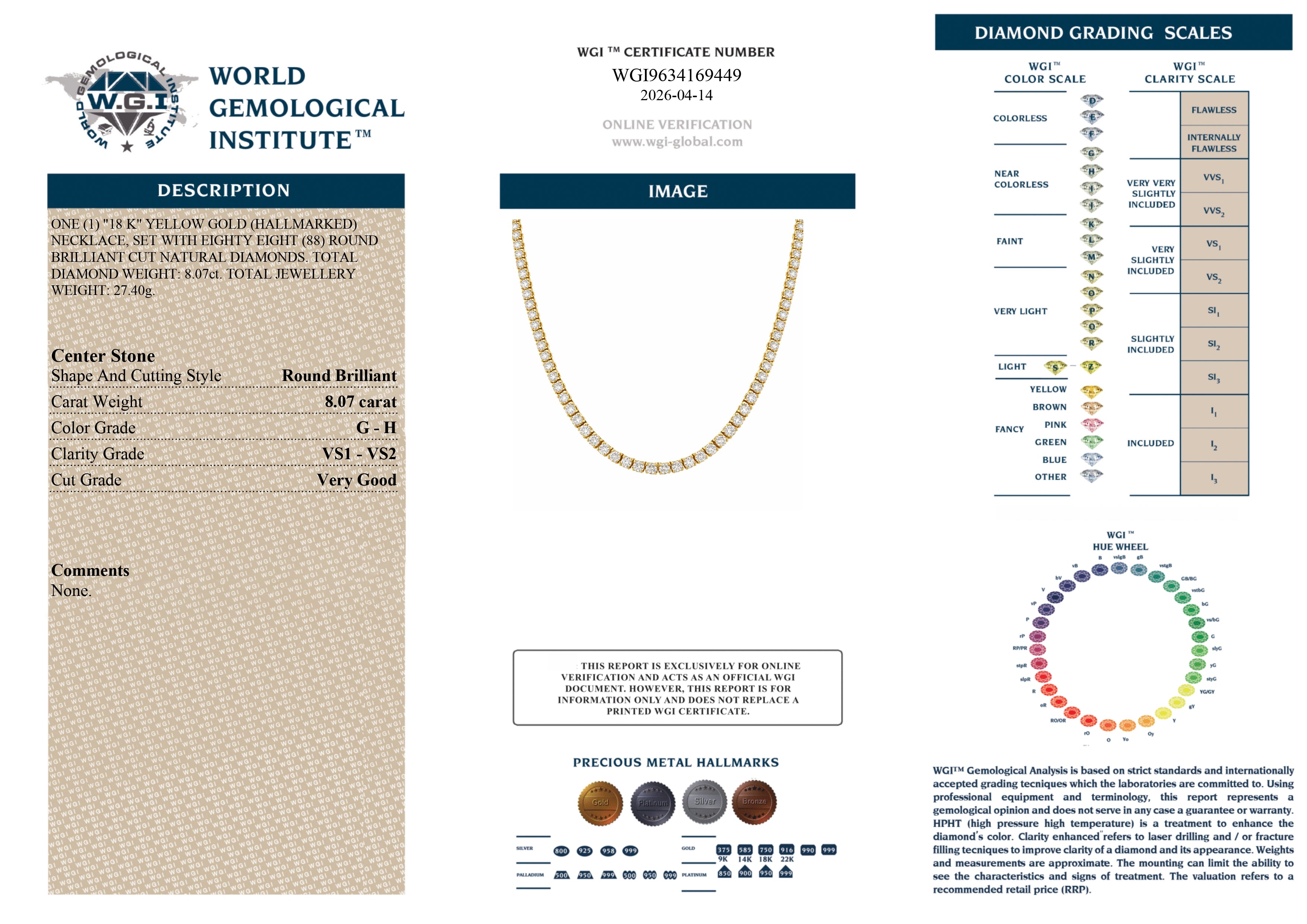 8.07Ct Diamond Necklace, WGI Certified Necklace