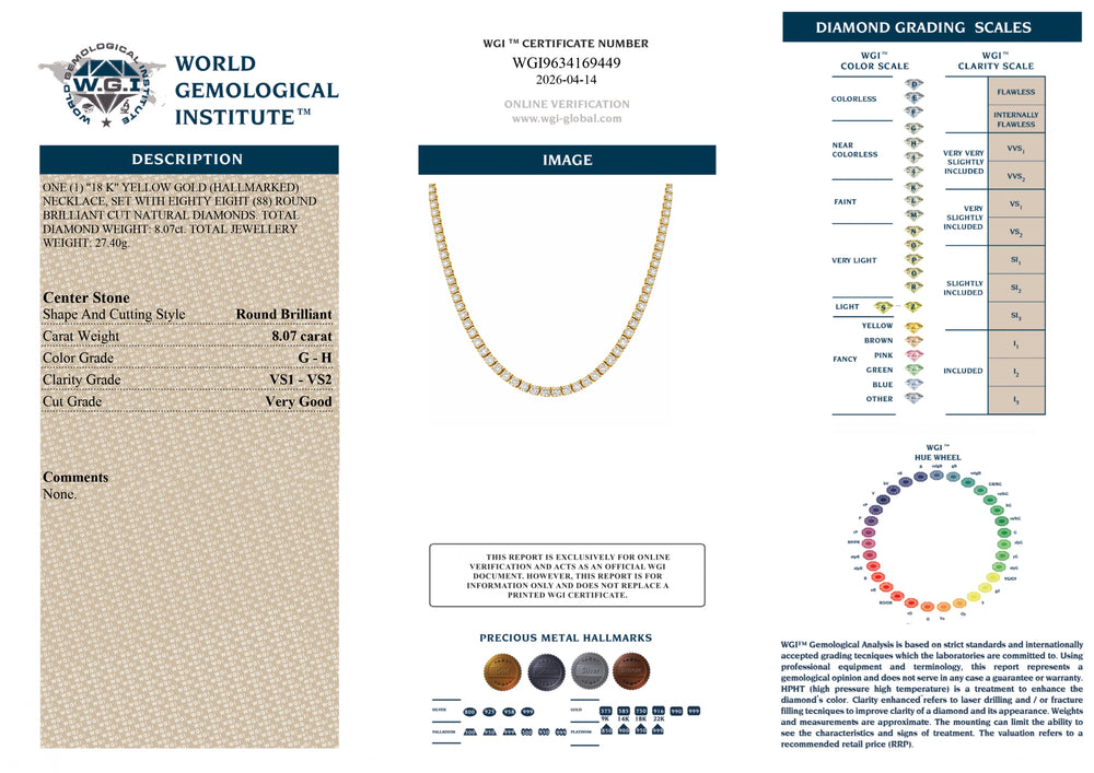 8.07Ct Diamond Necklace, WGI Certified Necklace