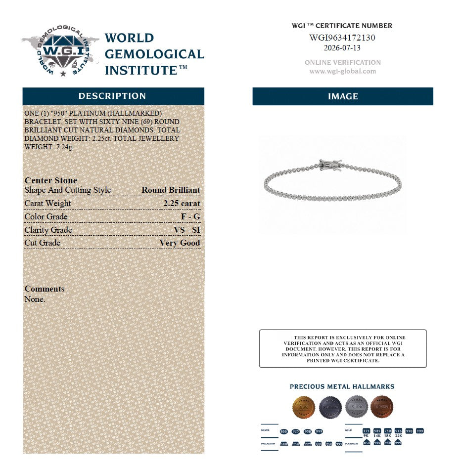 WGI 2.25ct FG/VS-SI Natural Diamond Tennis Bracelet,Platinum Ready To Ship