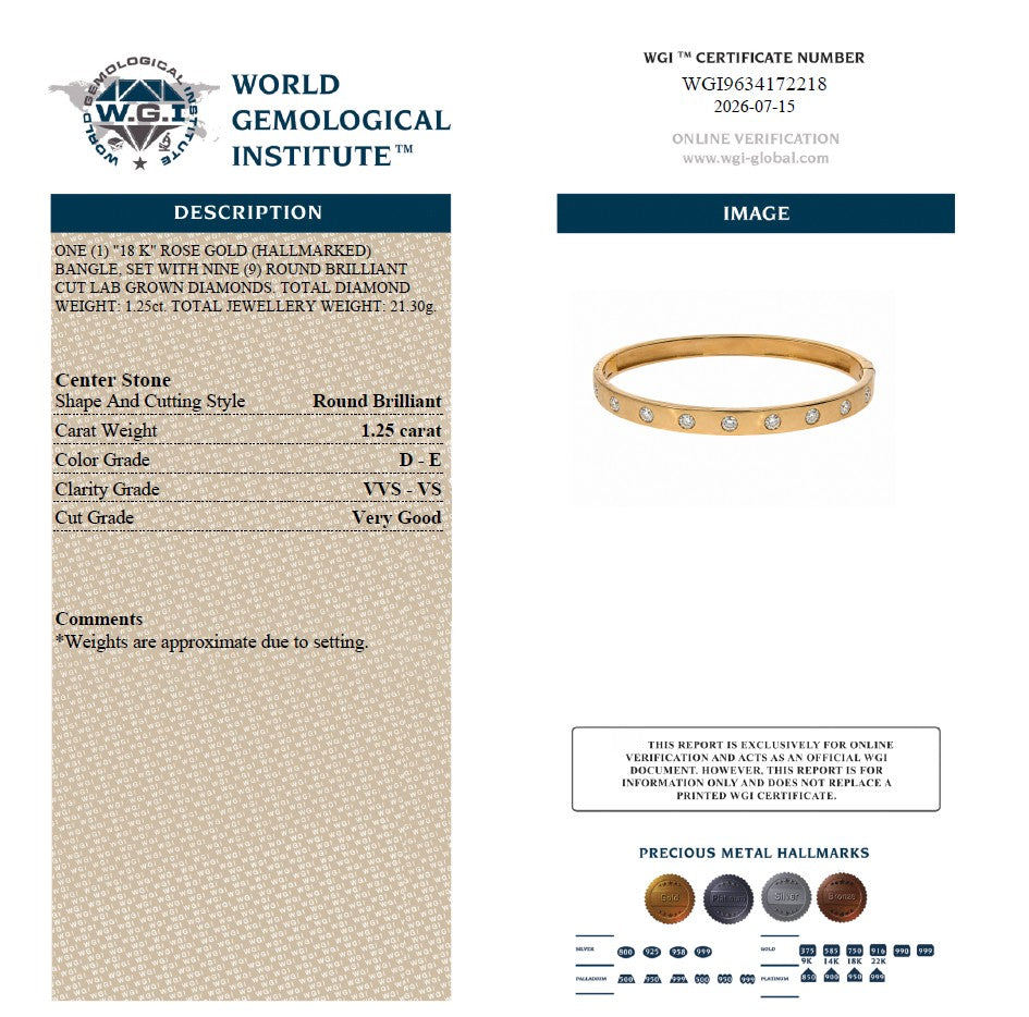 WGI 1.25Ct Natural Round Diamond Designer Bangle 9k Rose Gold Ready To Ship