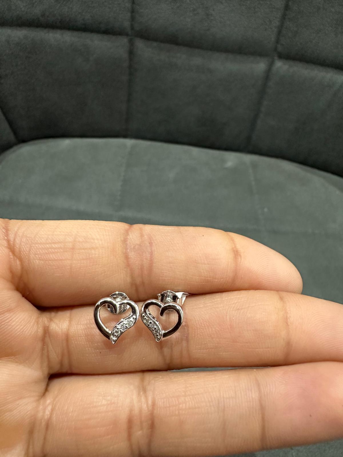 Natural Round Cut Pave Diamond Heart Shape Stud Earrings in 9K White Gold