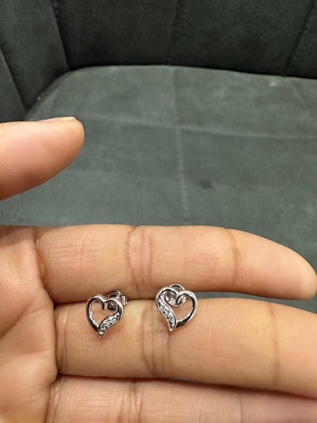Natural Round Cut Pave Diamond Heart Shape Stud Earrings in 9K White Gold
