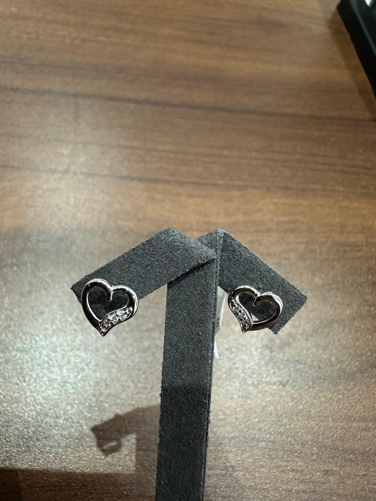 Natural Round Cut Pave Diamond Heart Shape Stud Earrings in 9K White Gold