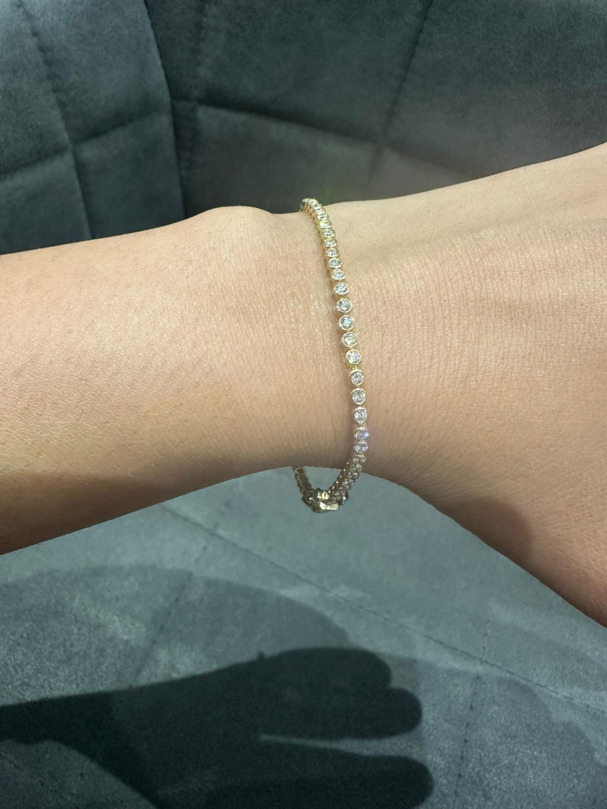 9K Yellow Gold Round Cut Natural Diamond Tennis Bracelet in Bezel Set, Gift for Women