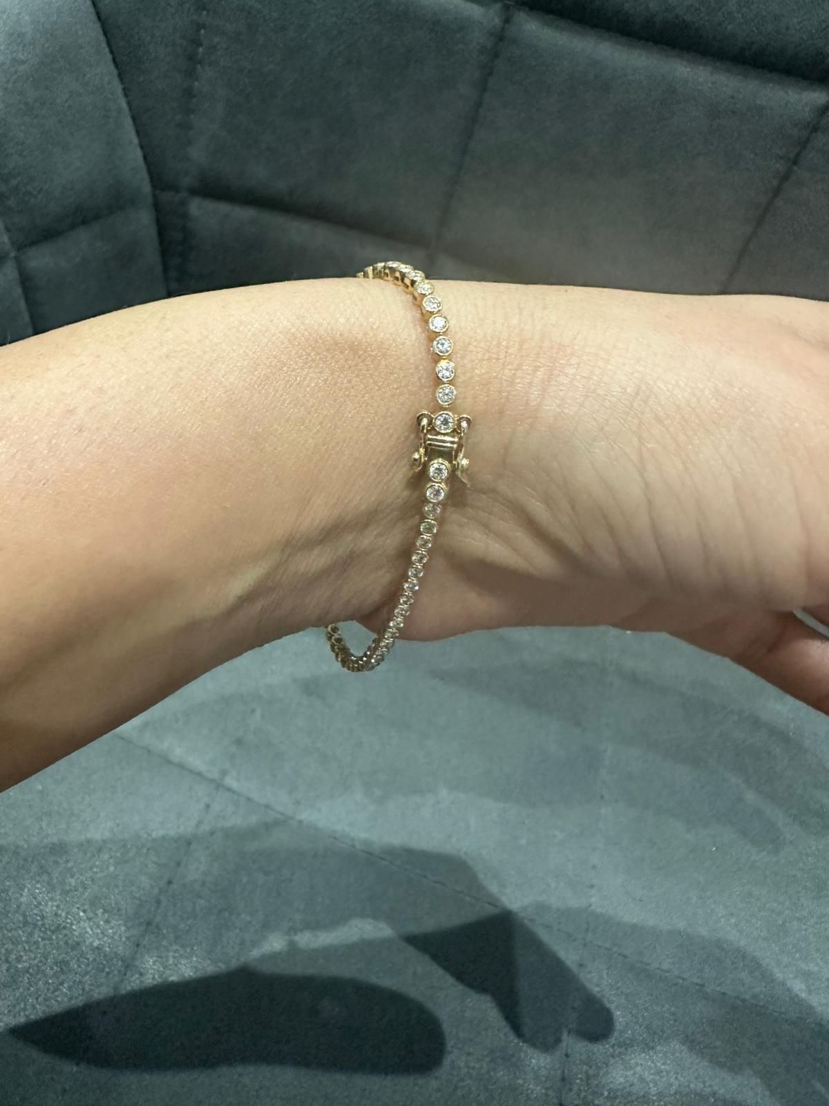 9K Yellow Gold Round Cut Natural Diamond Tennis Bracelet in Bezel Set, Gift for Women