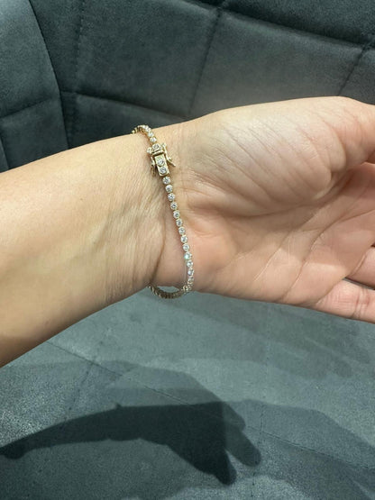 9K Yellow Gold Round Cut Natural Diamond Tennis Bracelet in Bezel Set, Gift for Women