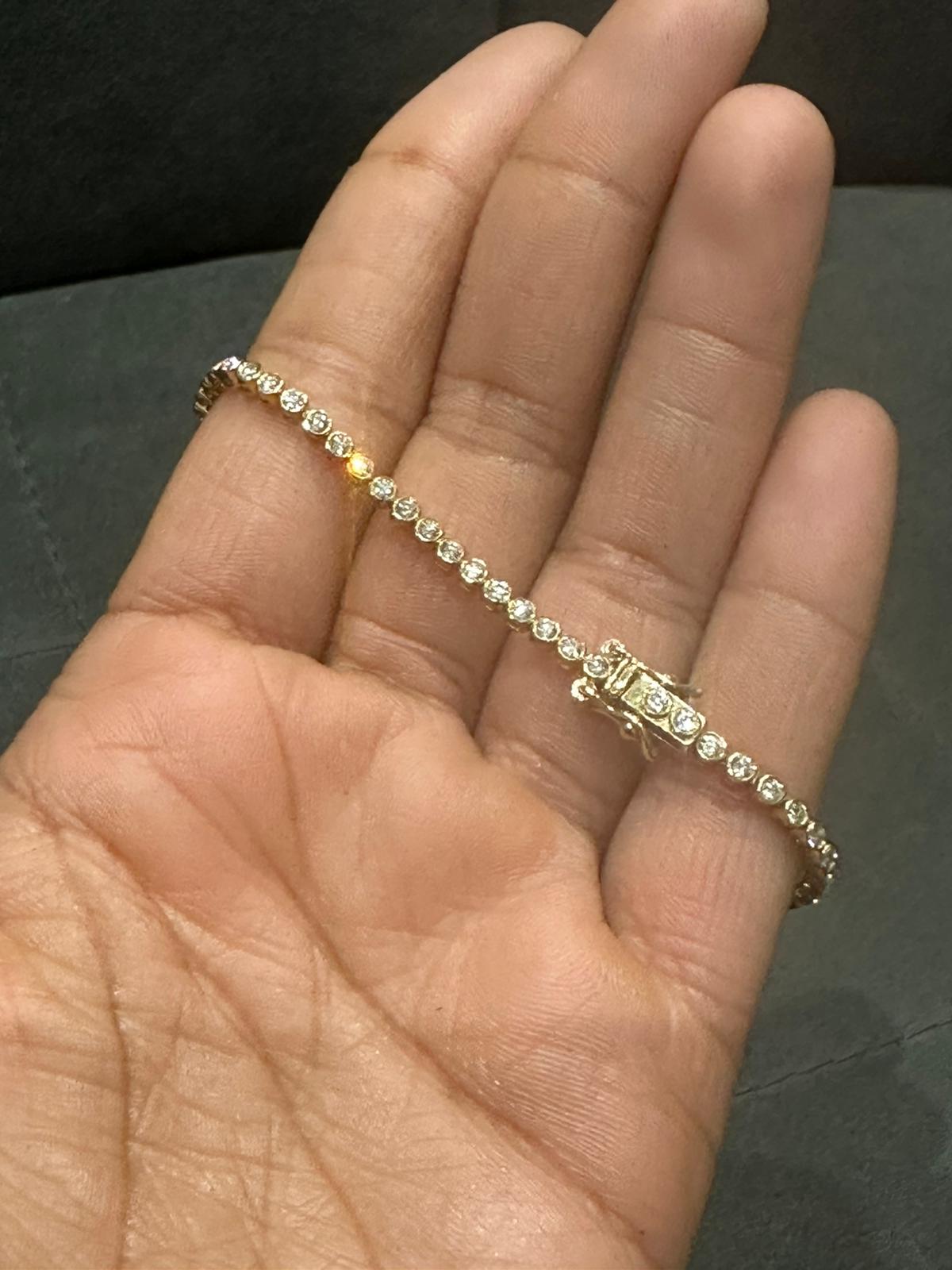 9K Yellow Gold Round Cut Natural Diamond Tennis Bracelet in Bezel Set, Gift for Women