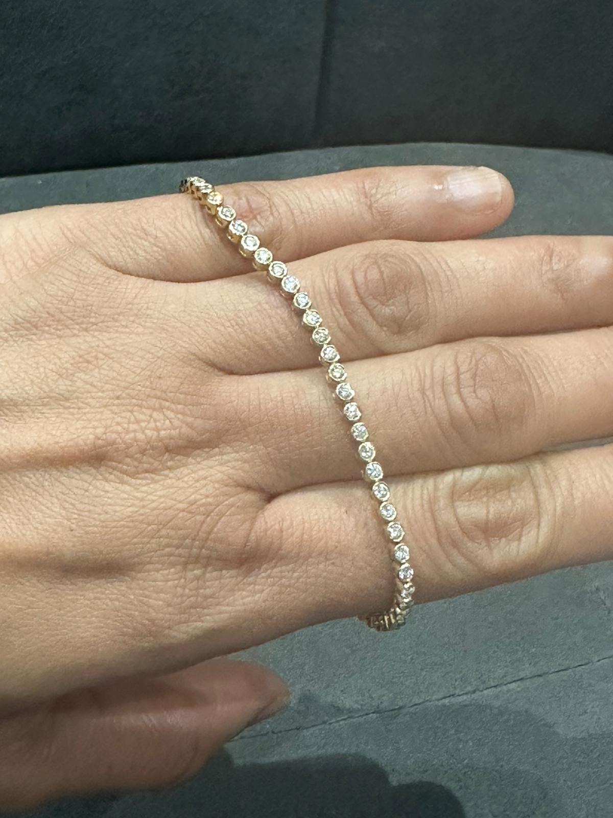 9K Yellow Gold Round Cut Natural Diamond Tennis Bracelet in Bezel Set, Gift for Women