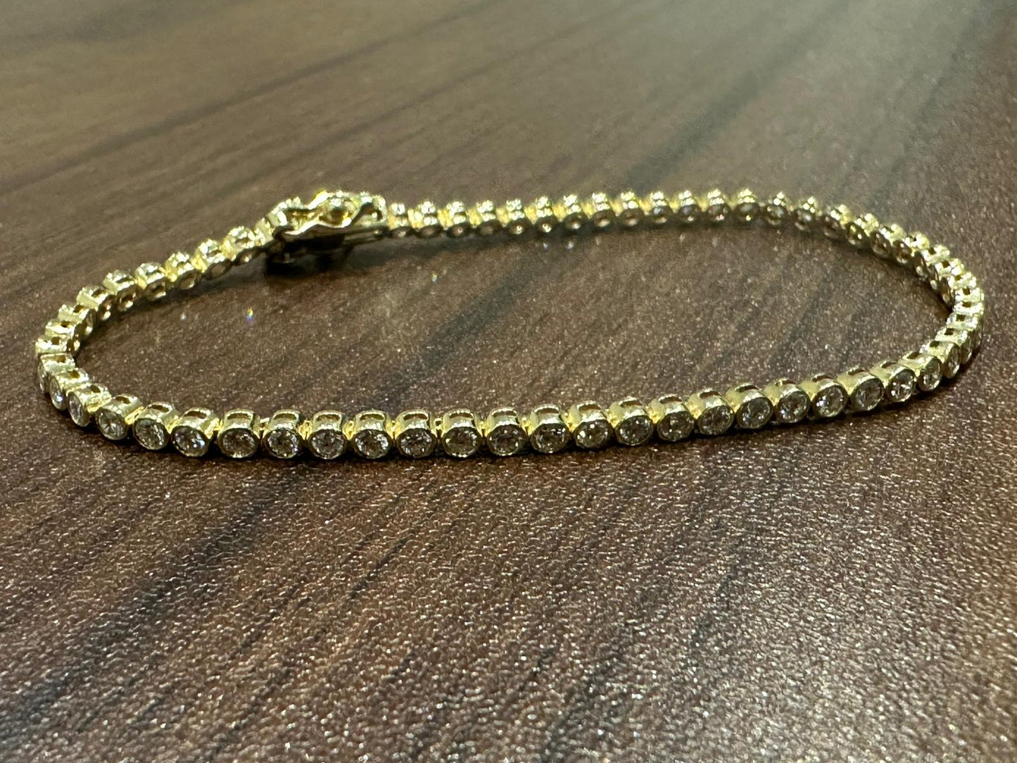 9K Yellow Gold Round Cut Natural Diamond Tennis Bracelet in Bezel Set, Gift for Women