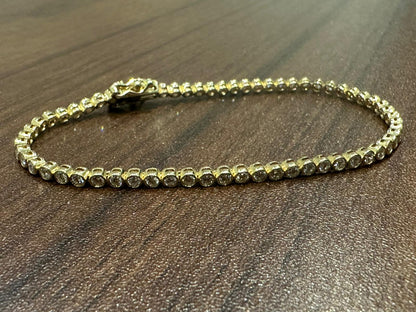 9K Yellow Gold Round Cut Natural Diamond Tennis Bracelet in Bezel Set, Gift for Women