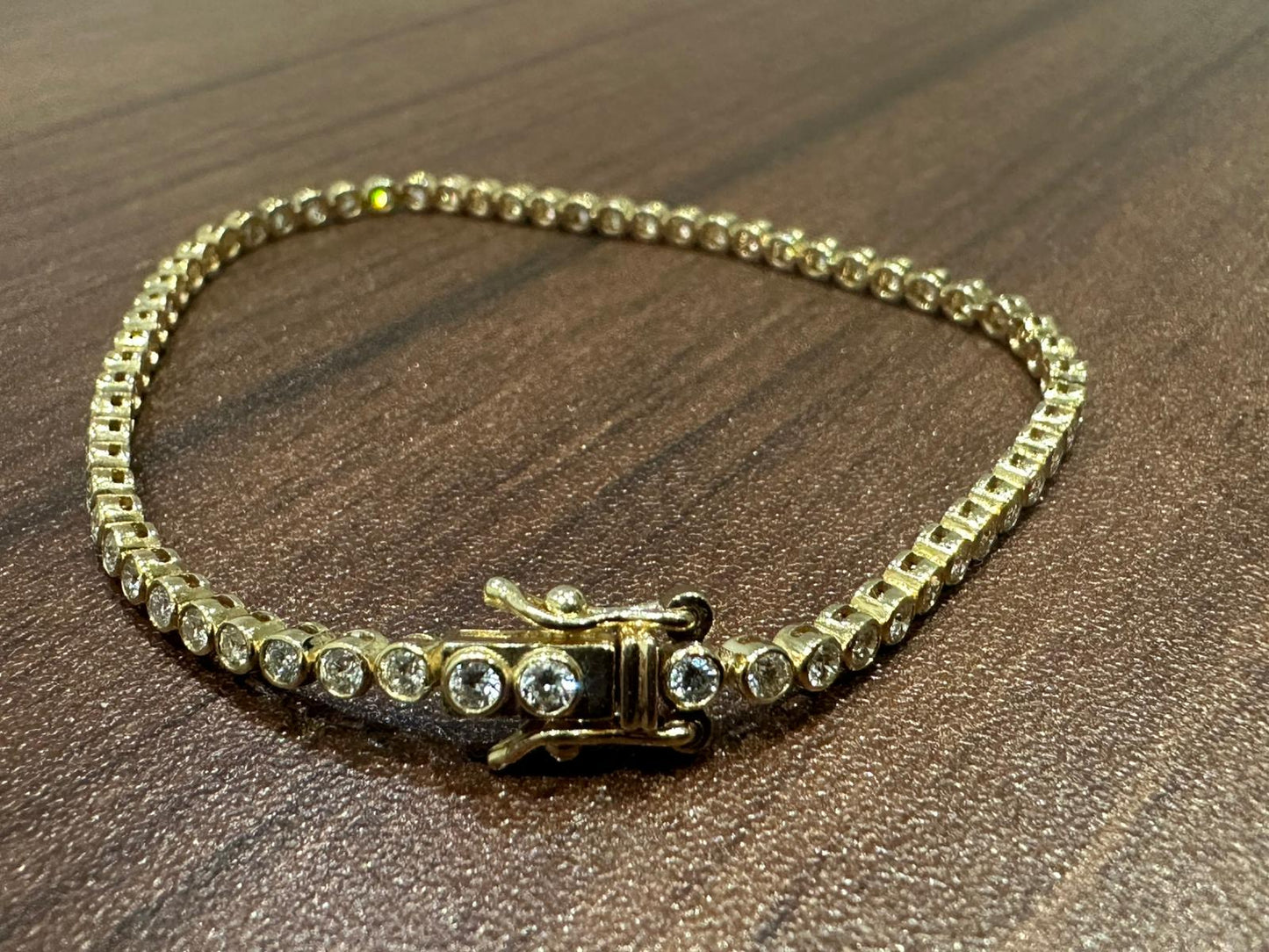 9K Yellow Gold Round Cut Natural Diamond Tennis Bracelet in Bezel Set, Gift for Women