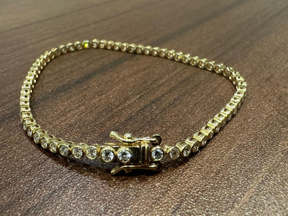 9K Yellow Gold Round Cut Natural Diamond Tennis Bracelet in Bezel Set, Gift for Women