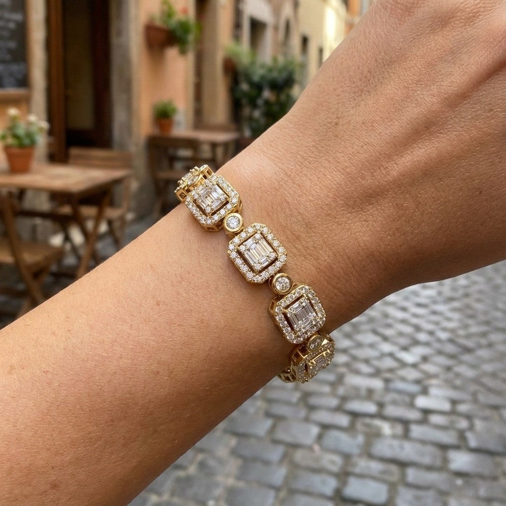 Emerald Style Round & Baguette Cut Lab Grown Diamond Bracelet in Gold | Pave & Bezel Set