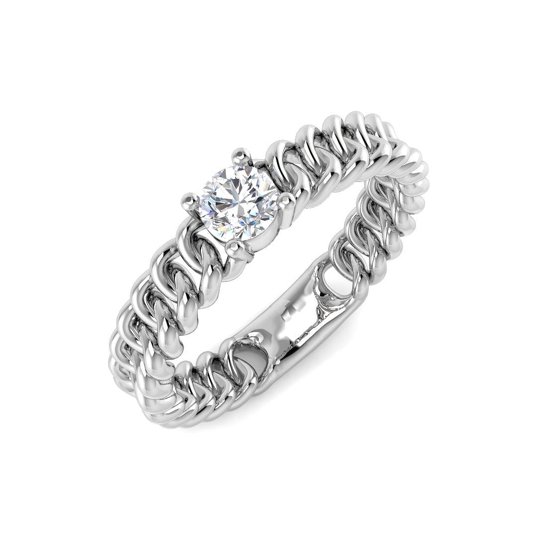 Modern white gold chain-link solitaire ring with round diamond