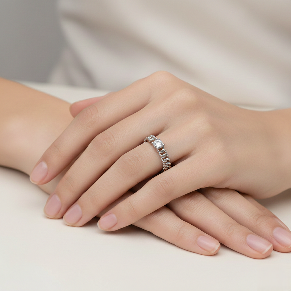 Chain-link round diamond solitaire ring in polished white gold