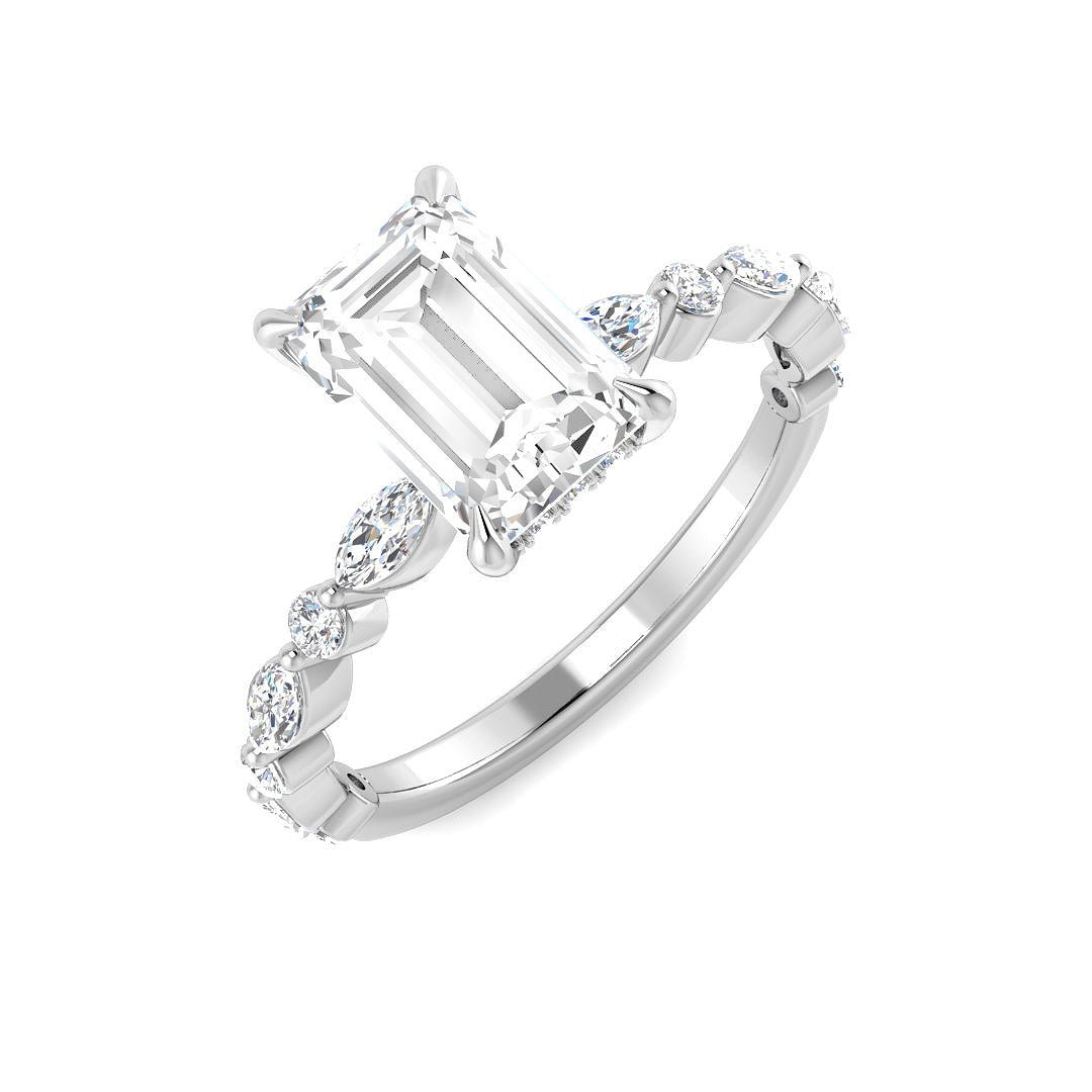 White Gold Radiant Cut Diamond Engagement Ring with Teardrop Side Stone