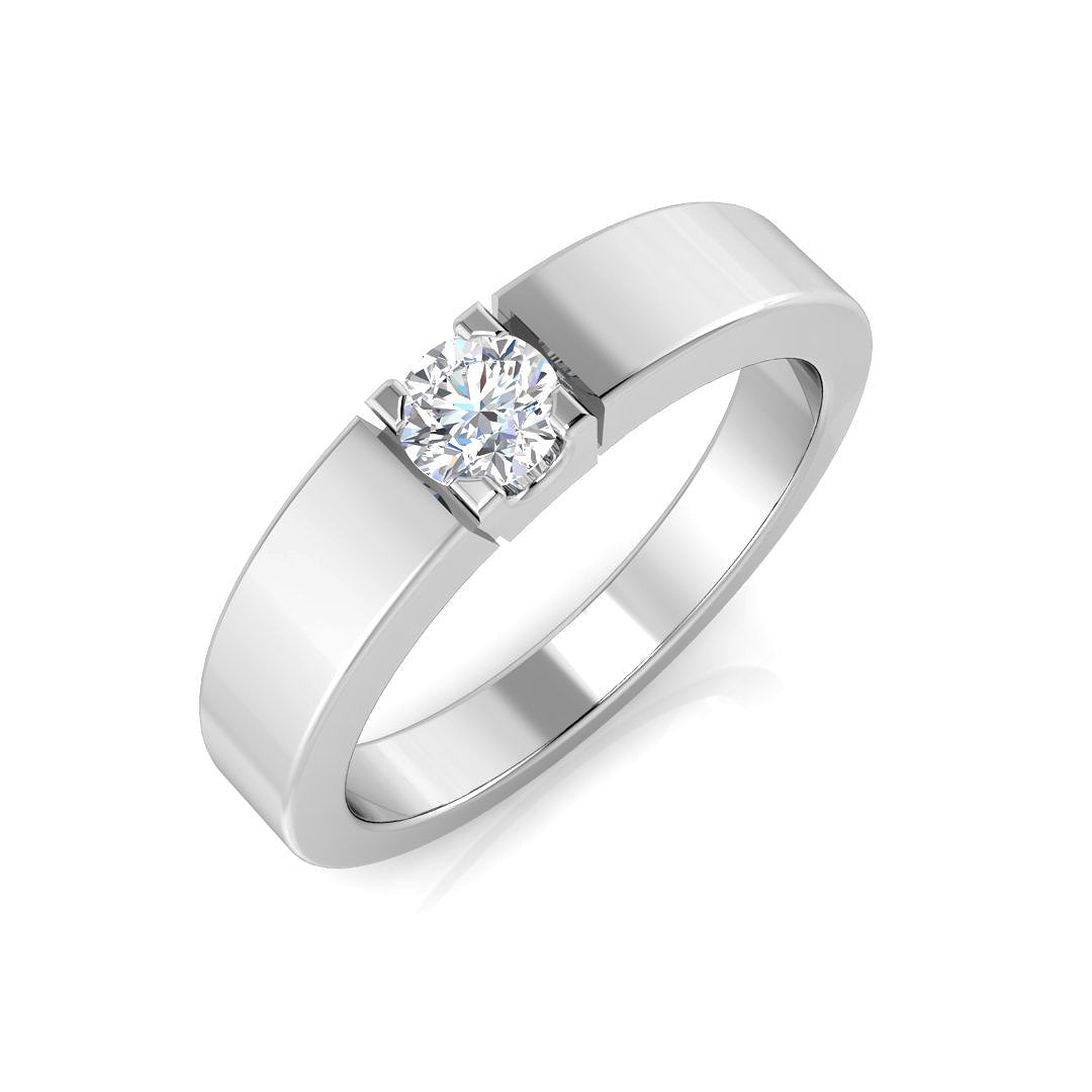 Modern bar-set round diamond solitaire ring in polished white gold