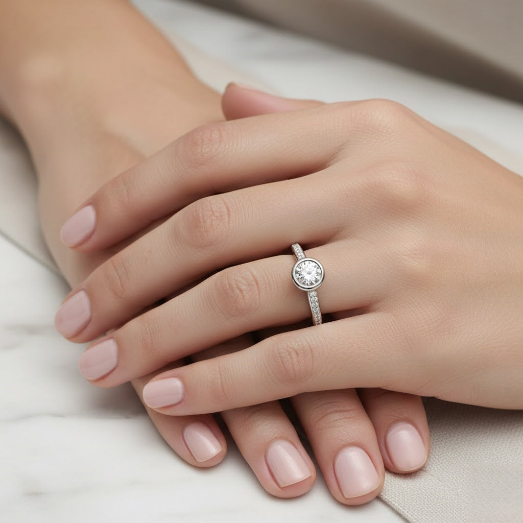 White Gold Round Diamond Bezel Set Pavé Solitaire Ring