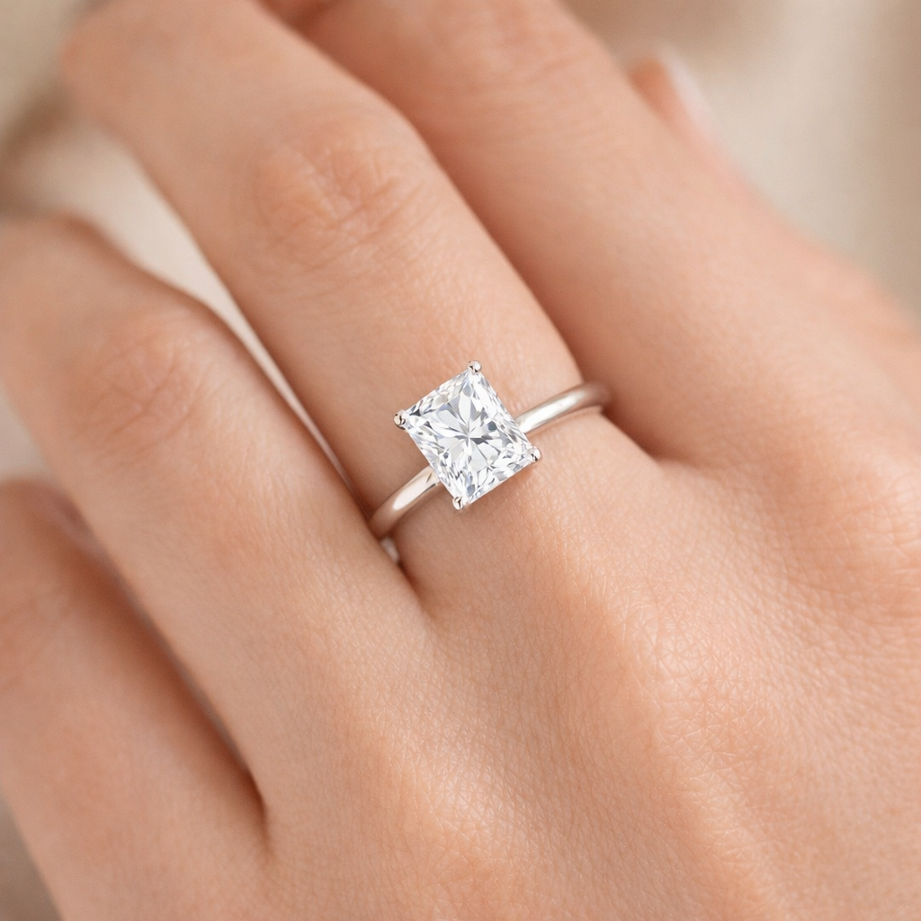 White gold princess cut lab diamond engagement ring close-up
