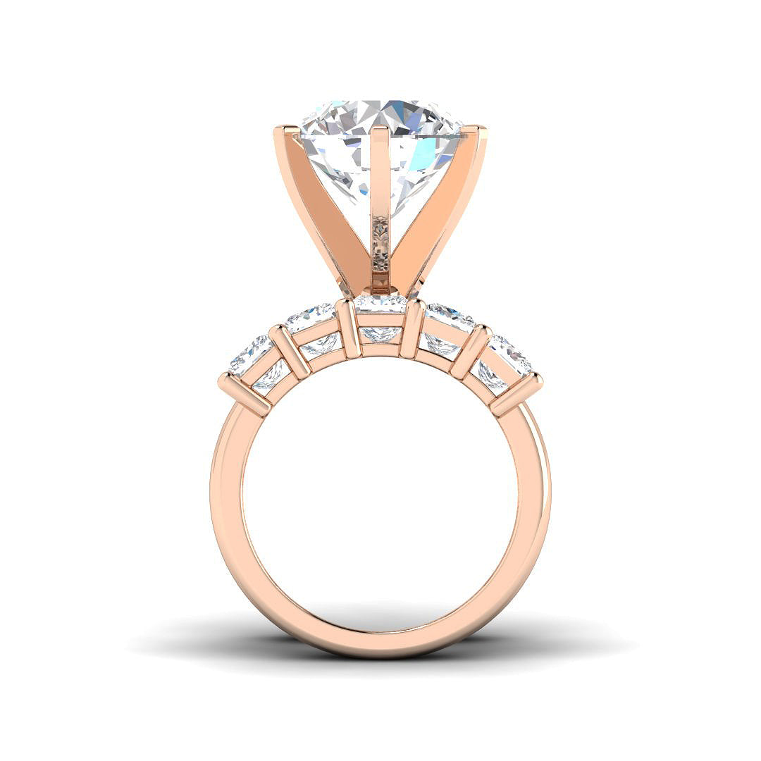 Rose gold ring with a large diamond and smaller diamonds on a white background