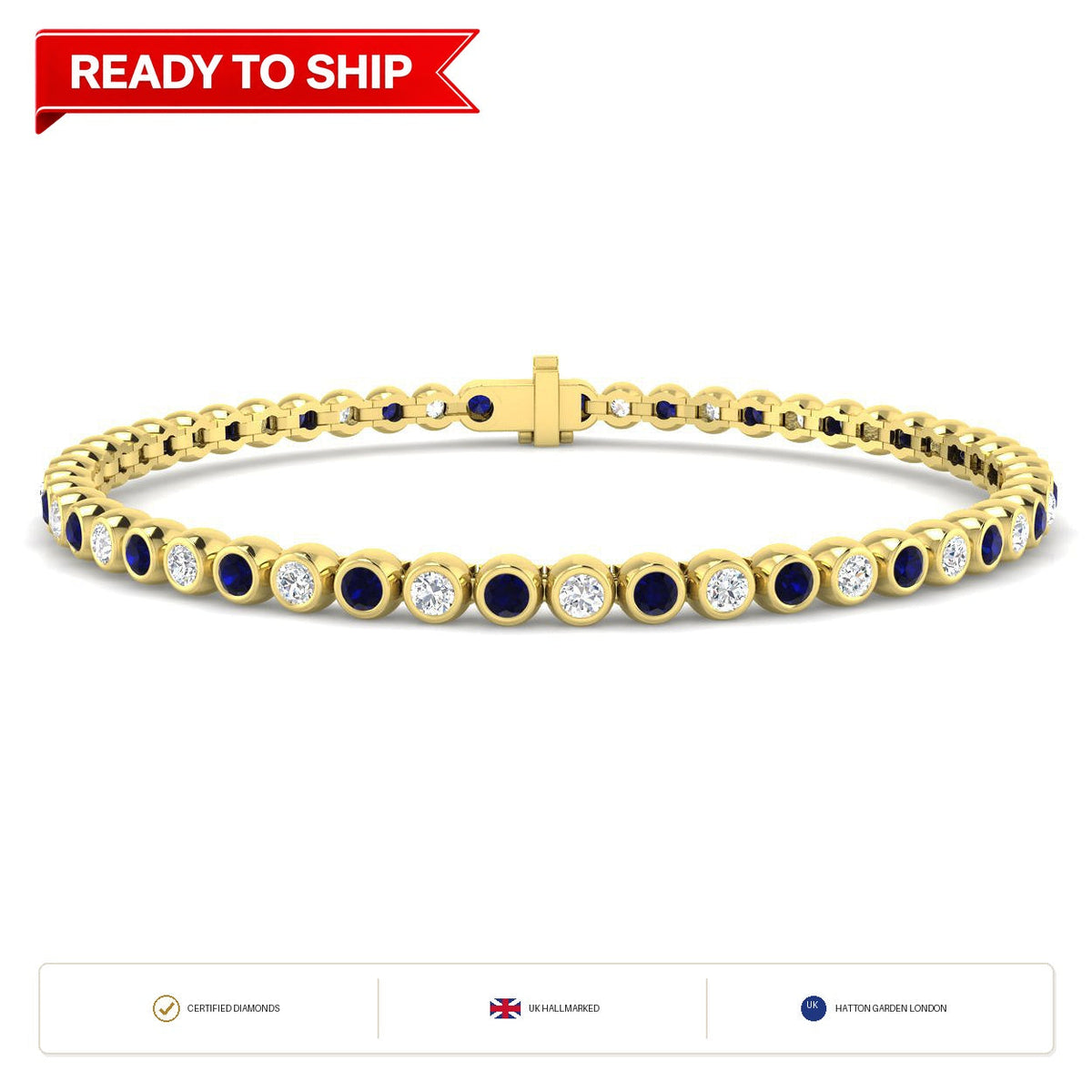 3.10Ct Round Blue Sapphire & Diamond Designer Bracelet 9k Yellow Gold