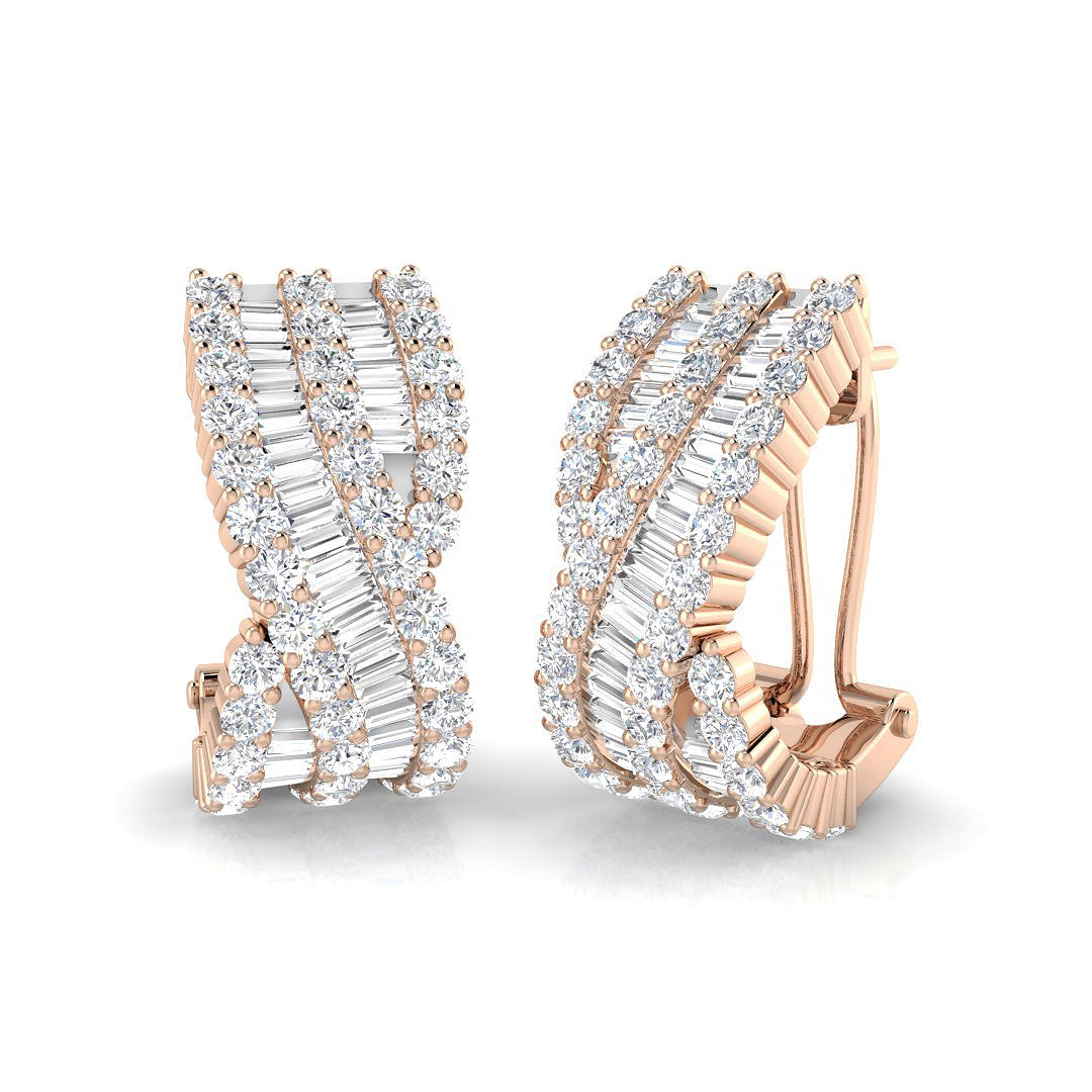 Hoop Earrings with Triple Row Cross-over Diamonds | 3ct Gold