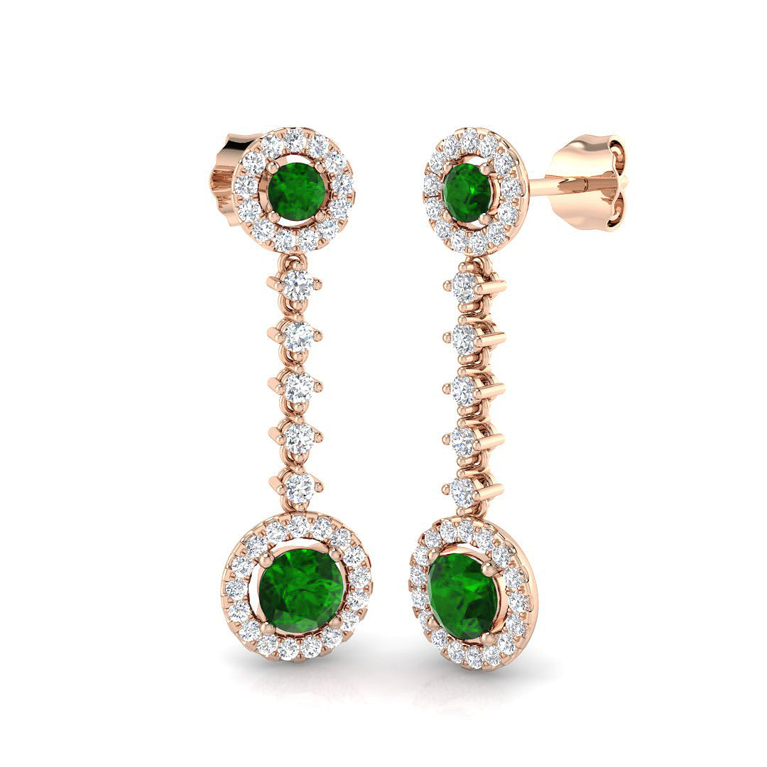 Round Cut Emerald Halo Drop Earrings with Prong Set Emerald and Diamond Halo Rose Gold