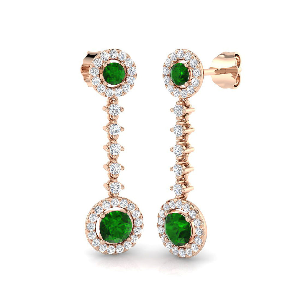 Round Cut Emerald Halo Drop Earrings with Prong Set Emerald and Diamond Halo Rose Gold