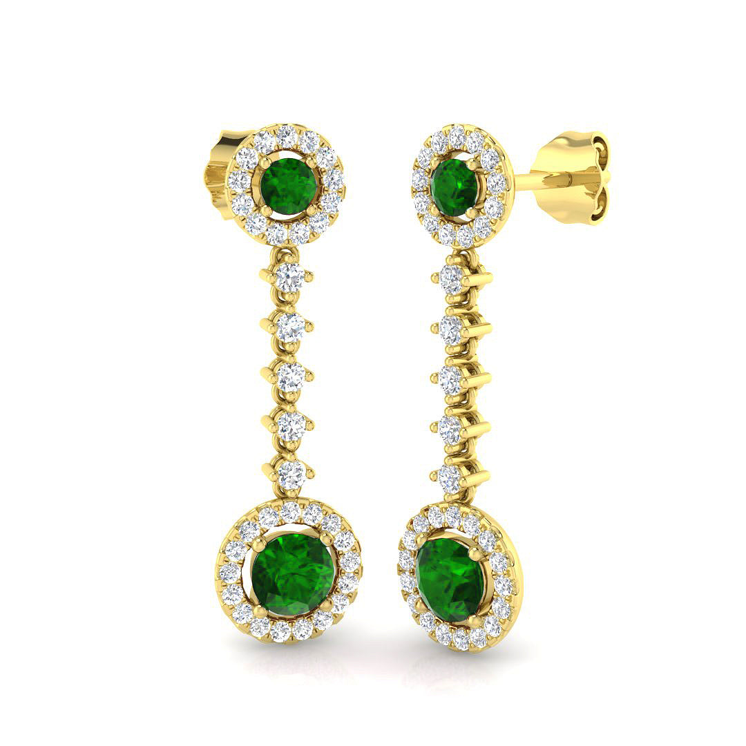 Round Cut Emerald Halo Drop Earrings with Prong Set Emerald and Diamond Halo Yellow Gold