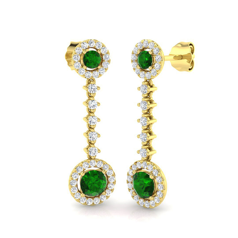 Round Cut Emerald Halo Drop Earrings with Prong Set Emerald and Diamond Halo Yellow Gold