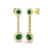 Round Cut Emerald Halo Drop Earrings with Prong Set Emerald and Diamond Halo Yellow Gold