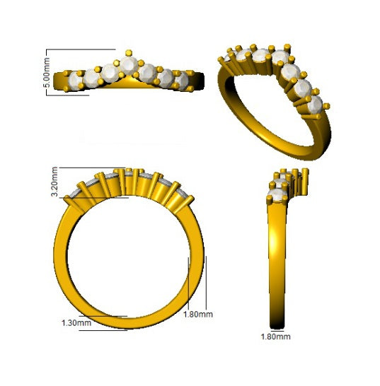 Gold ring with embedded stones and measurements on a white background