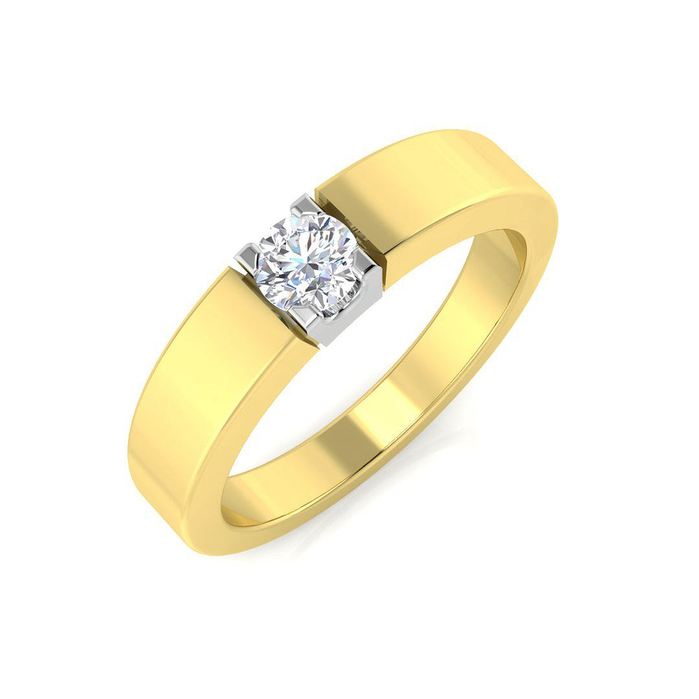 Minimalist yellow gold solitaire ring with round diamond bar setting