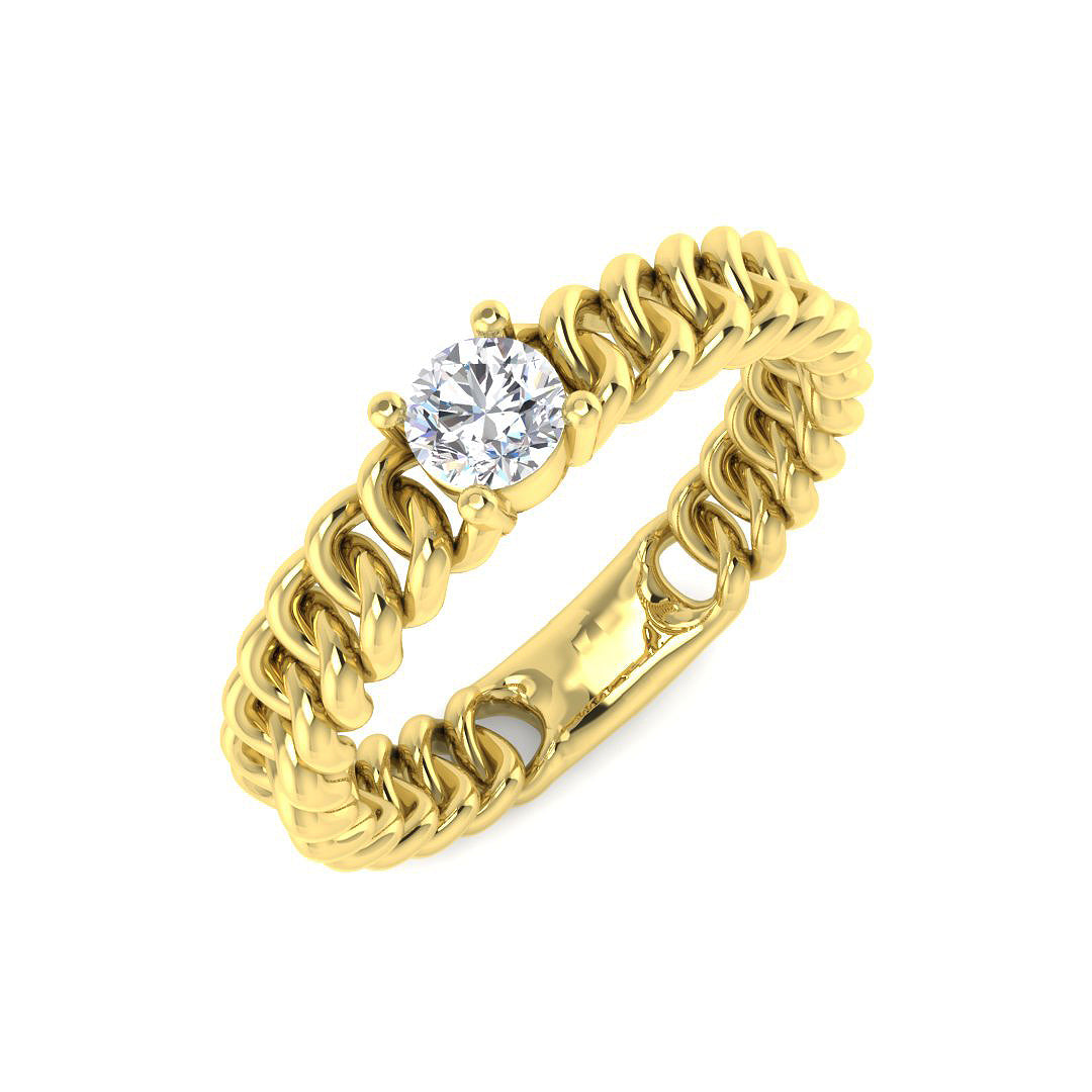 Chain-link round diamond solitaire ring in yellow gold