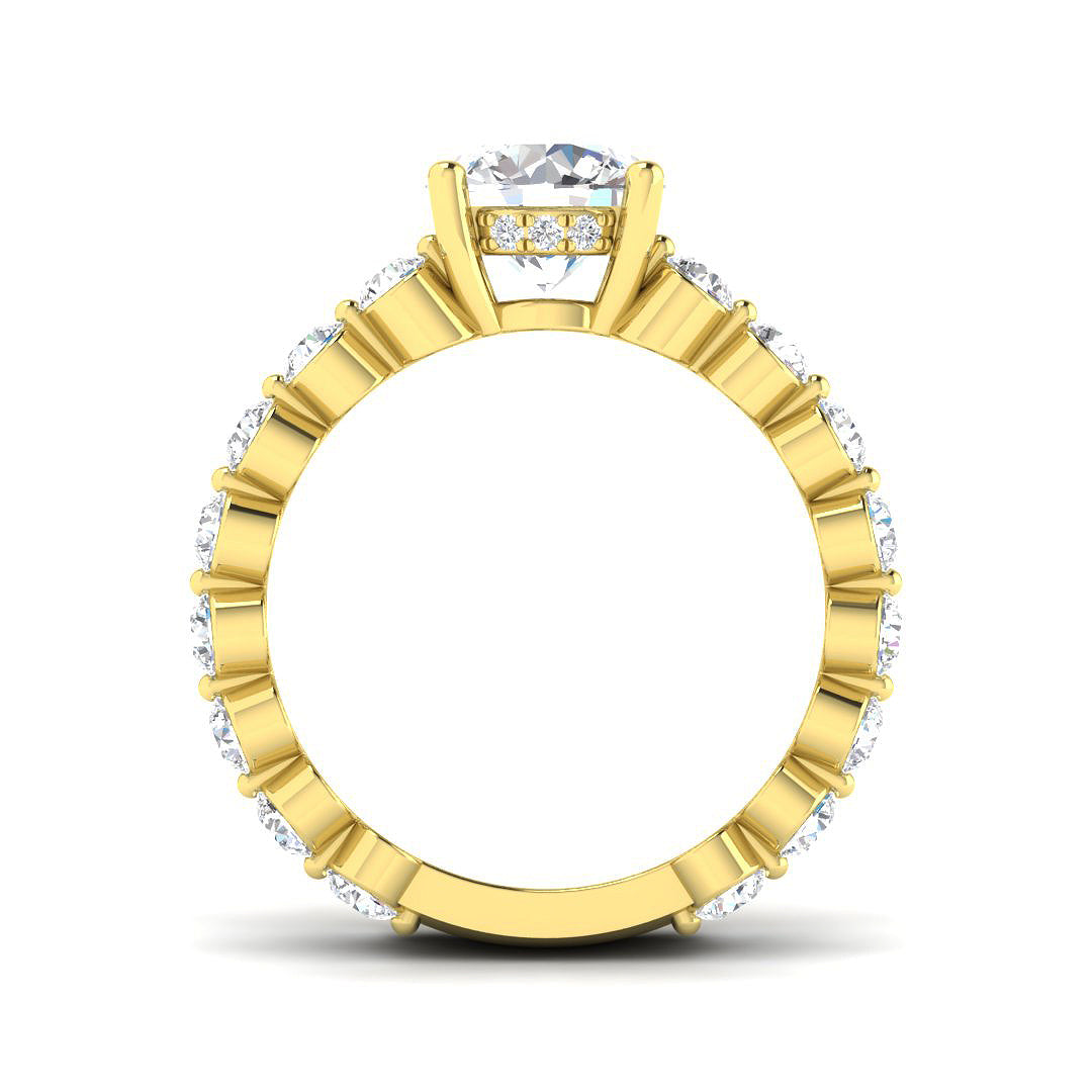 Yellow gold statement ring with round diamond and double diamond band
