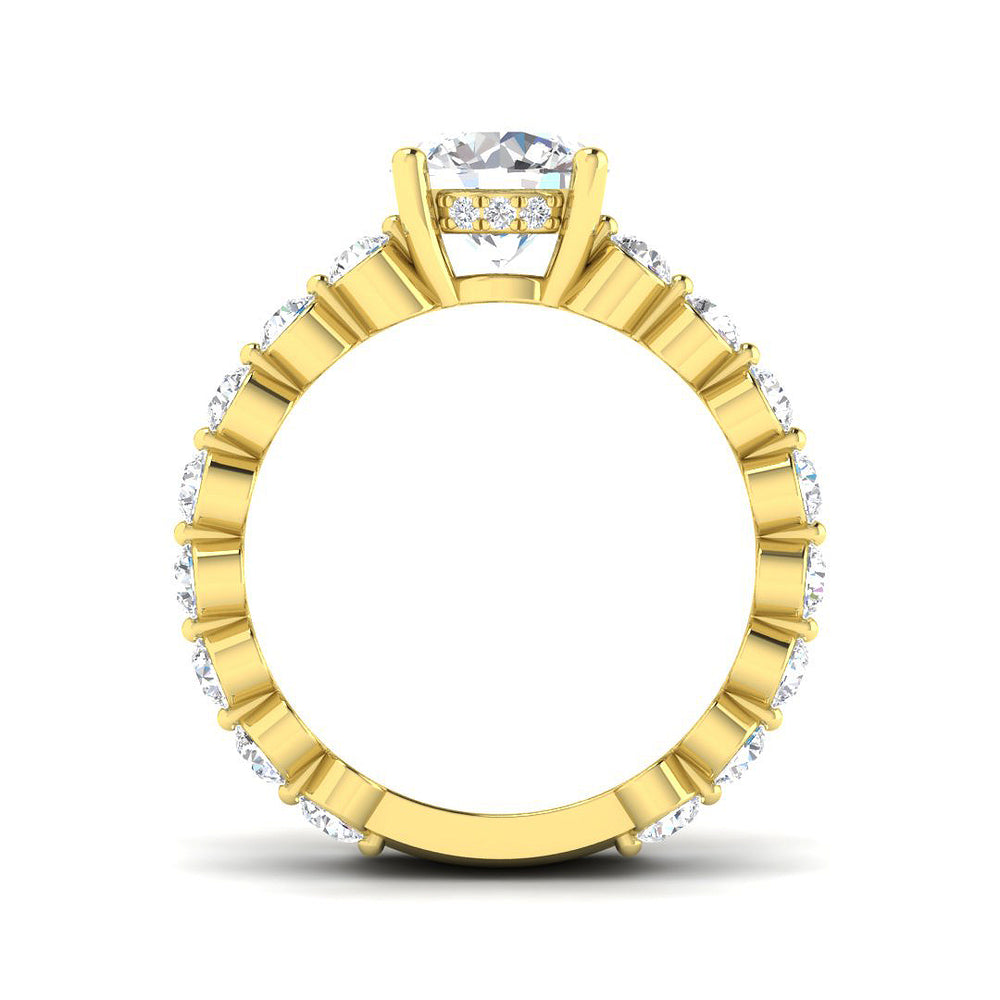 Yellow gold statement ring with round diamond and double diamond band