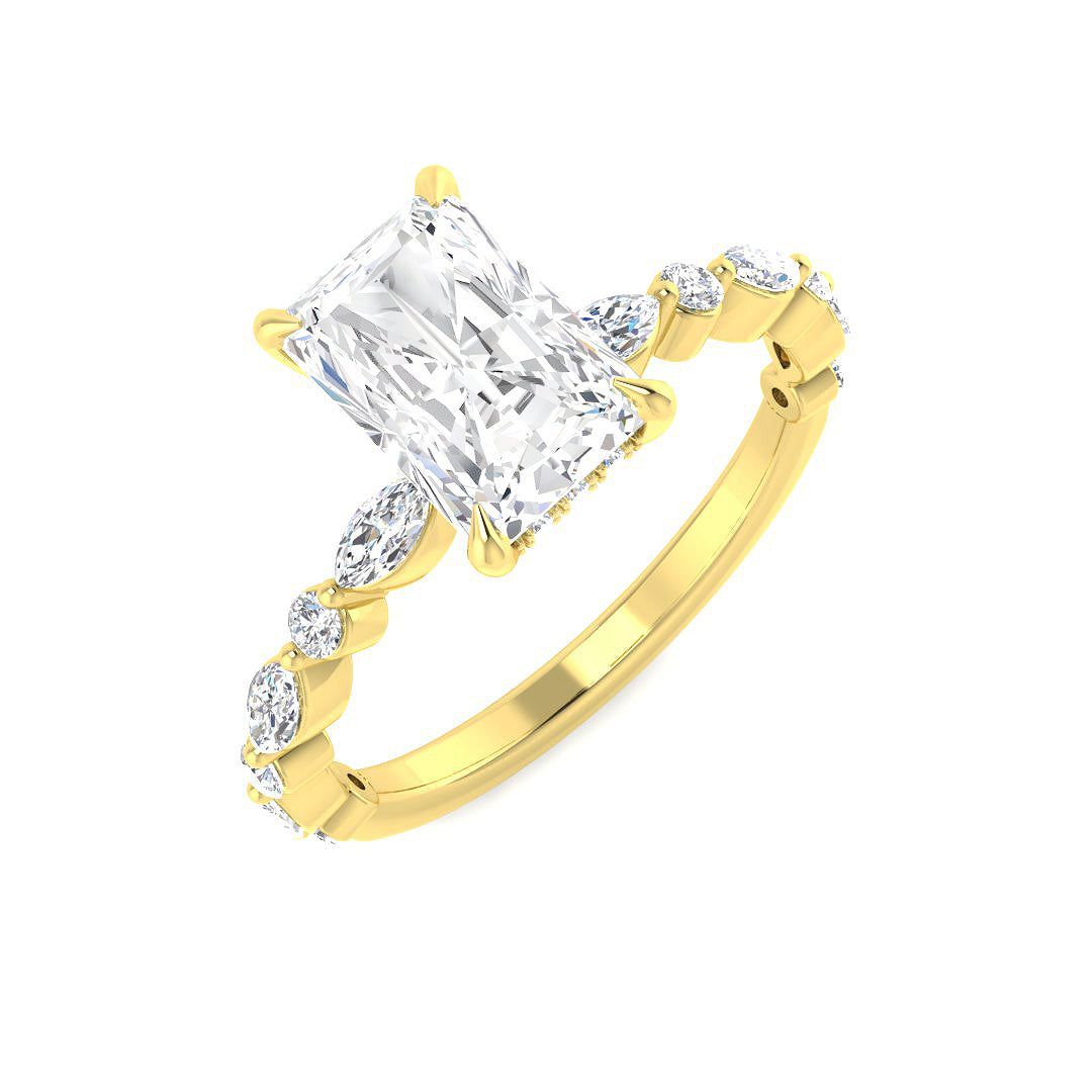 Yellow Gold Radiant Cut Diamond Engagement Ring with Teardrop Side Stone