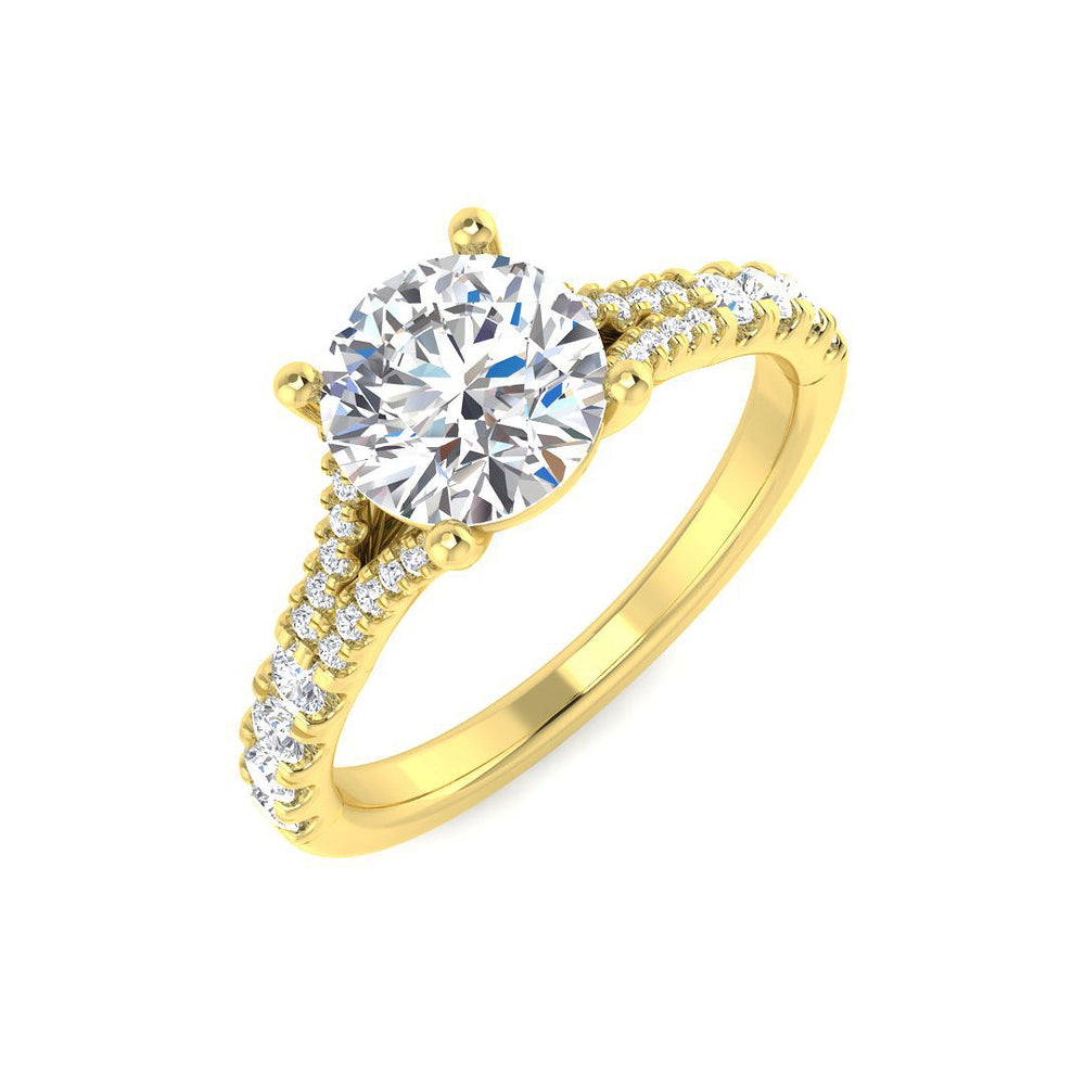 Yellow gold round diamond ring with diamond-set shoulders