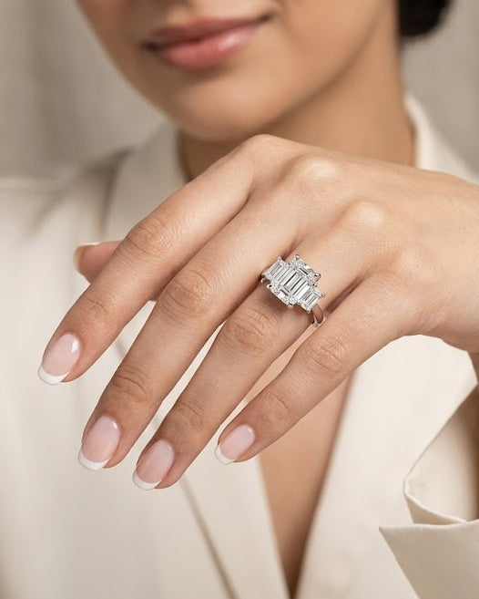 3 Stone Emerald Cut Lab Diamond Ring 0.50ct in 925 Silver