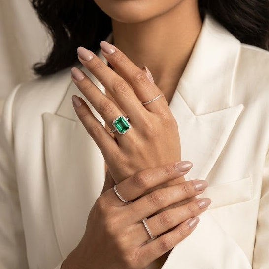 Astra 1.50ct Lab Emerald and Diamond Halo Shoulder Set Octagon Cut Ring in 18K Gold Vermeil